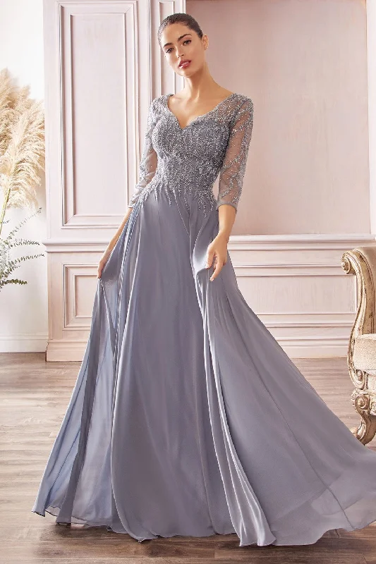 Flowy Chiffon A-Line Gown With Three-Quarter Sleeves And Trickle Embellished Bodice By Cinderella Divine -CD0171 Boho unclassified dresses Flowy Chiffon A-Line Gown With Three-Quarter Sleeves And Trickle Embellished Bodice By Cinderella Divine -CD0171 Boho unclassified dresses