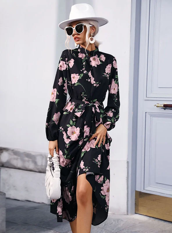 High Neck Printed Chiffon Long Sleeve Dress Best floral dresses for petites