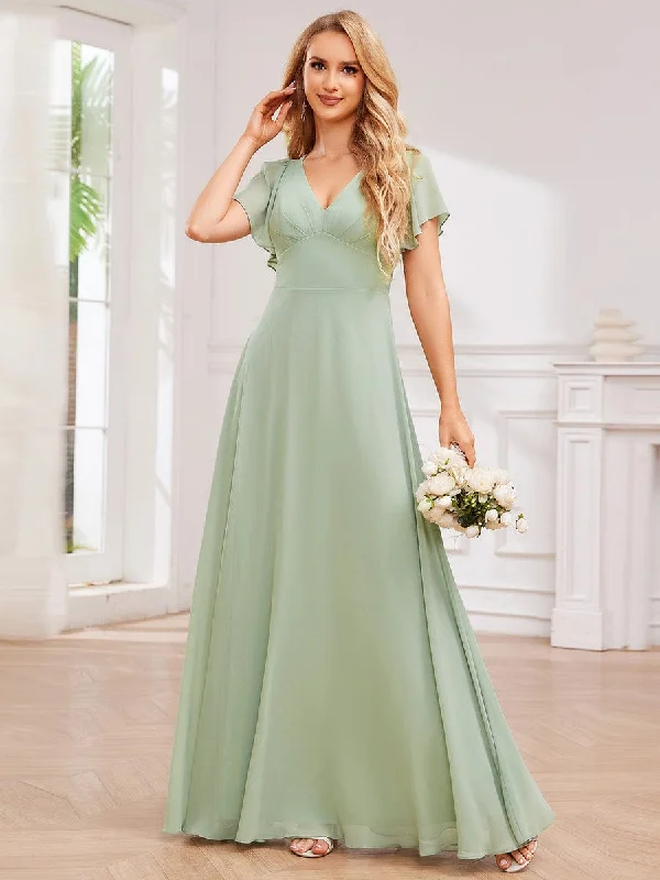 High-Waist Pleated V-Neck Bridesmaid Dress with Cross-Tie Back Winter unclassified dresses