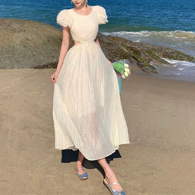 Hollow Waist Exposed Holiday Flying Sleeve Dress Vacation unclassified dresses