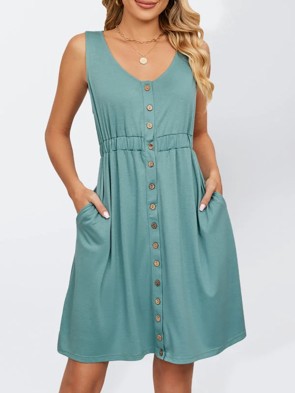 Blue Zone Planet |  Knitted Sleeveless Button Pocket Round Neck Slit Waist Dress Pastel unclassified dresses