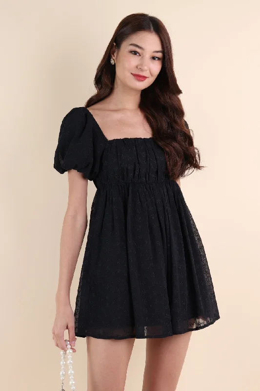KYRIE PUFF SLEEVE RUCHED EYELET DRESS IN BLACK Everyday wear unclassified dresses