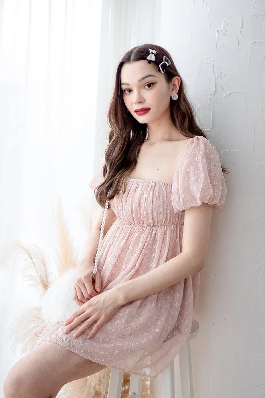 KYRIE PUFF SLEEVE RUCHED EYELET DRESS IN PINK Festival unclassified dresses