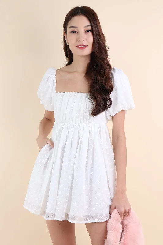 KYRIE PUFF SLEEVE RUCHED EYELET DRESS IN WHITE Mesh unclassified dresses