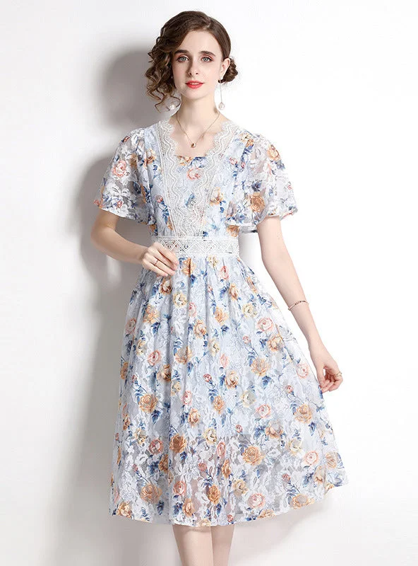 Lace Floral V-neck Short Sleeve Dress Vacation floral dresses