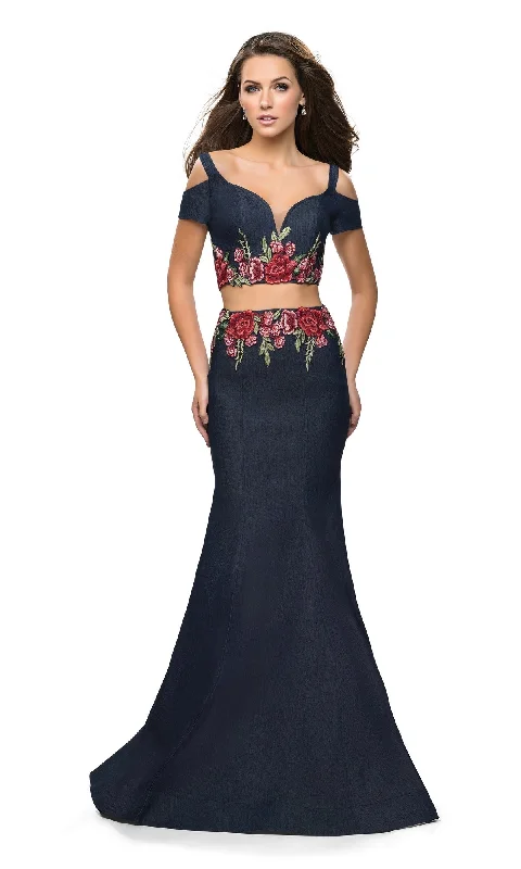 Navy Blue La Femme 25848 Prom Dress Polka dot unclassified dresses