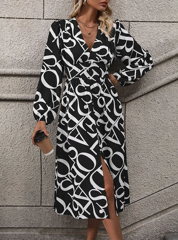 Long Sleeve Geometric Print Dress Outdoor floral dresses