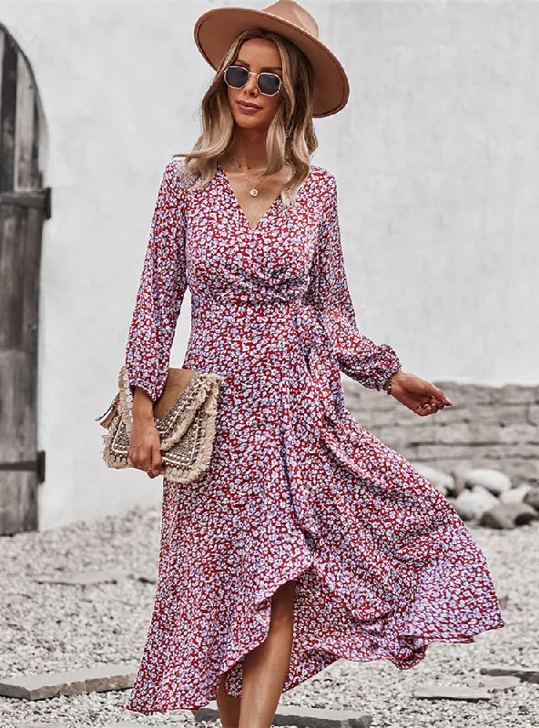 Long Sleeve Print V-neck Dress Minimalist floral dresses