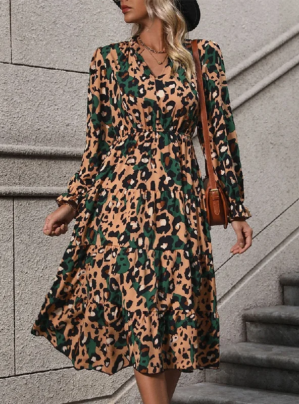 Long-sleeved Leopard Print Dress Cottagecore floral dresses