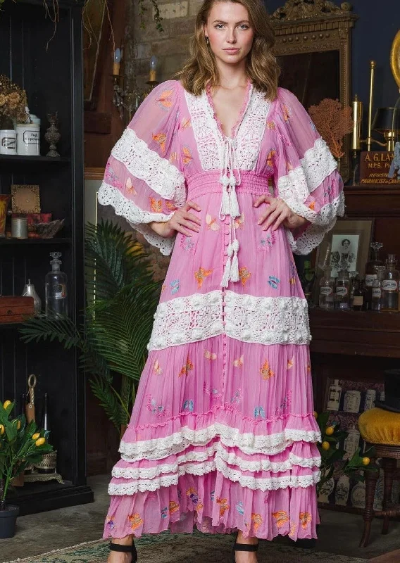 Madame Butterfly Embroidered Dress in Fuchsia Trendy unclassified dresses