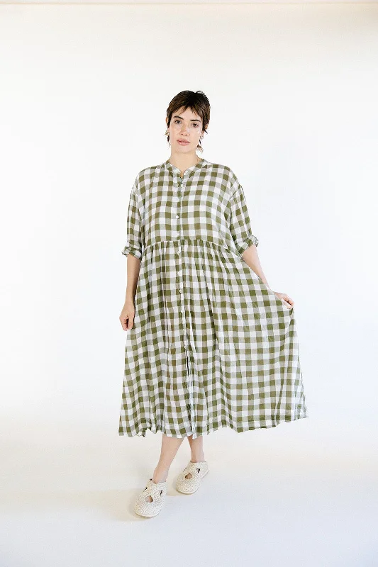 Metta - Oak Gathered Waist Dress - Olive Check Cotton Voile Unique unclassified dresses Metta - Oak Gathered Waist Dress - Olive Check Cotton Voile Unique unclassified dresses