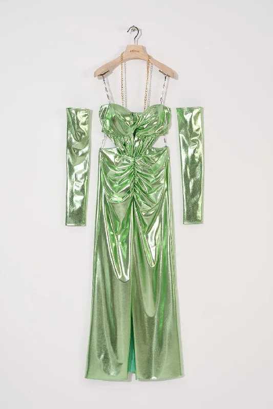 Mint Shiny Neck Chain Strap Slit Dress Long sleeve unclassified dresses
