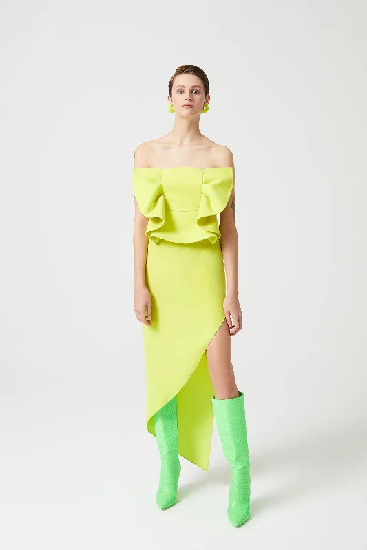Neon Green Strapless Bow Detailed Asymmetrical Cut Dress Embroidered unclassified dresses Neon Green Strapless Bow Detailed Asymmetrical Cut Dress Embroidered unclassified dresses