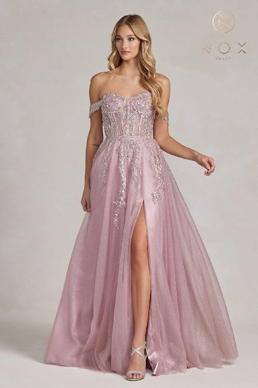 Off-Shoulder A-Line Prom Dress By Nox Anabel -E1128 Silk unclassified dresses