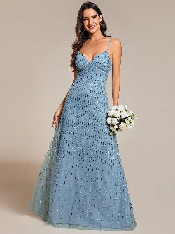 Paillette Spaghetti Straps Formal Evening Dress with Deep V-Neck Long unclassified dresses