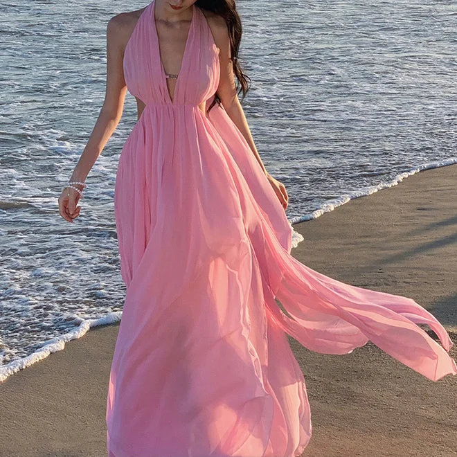 Pink Ribbon Halter Neck Hollow Slit Holiday Dress Stylish unclassified dresses