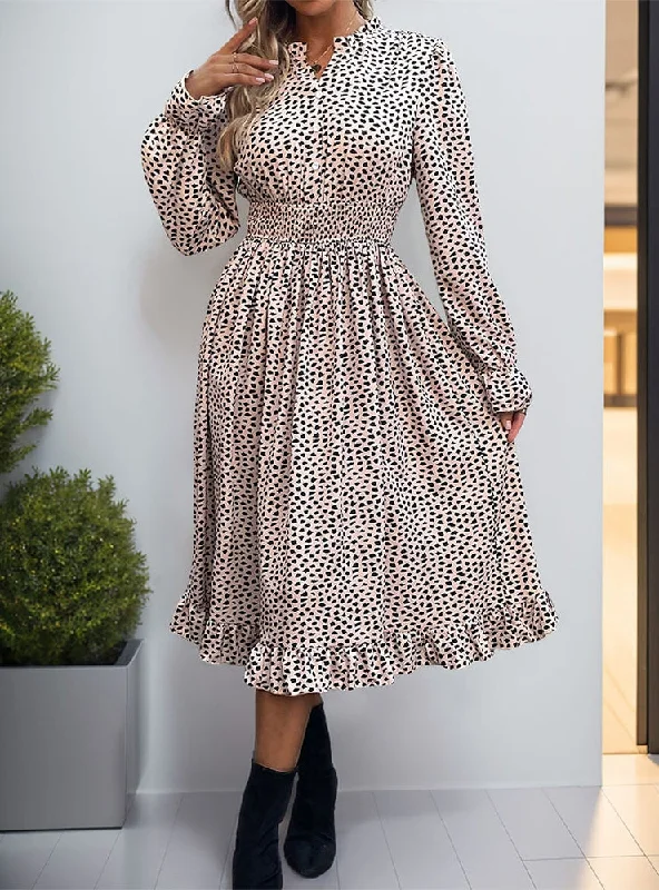 Pleats Long-sleeved Leopard Print Dress Best floral dresses for outdoor weddings