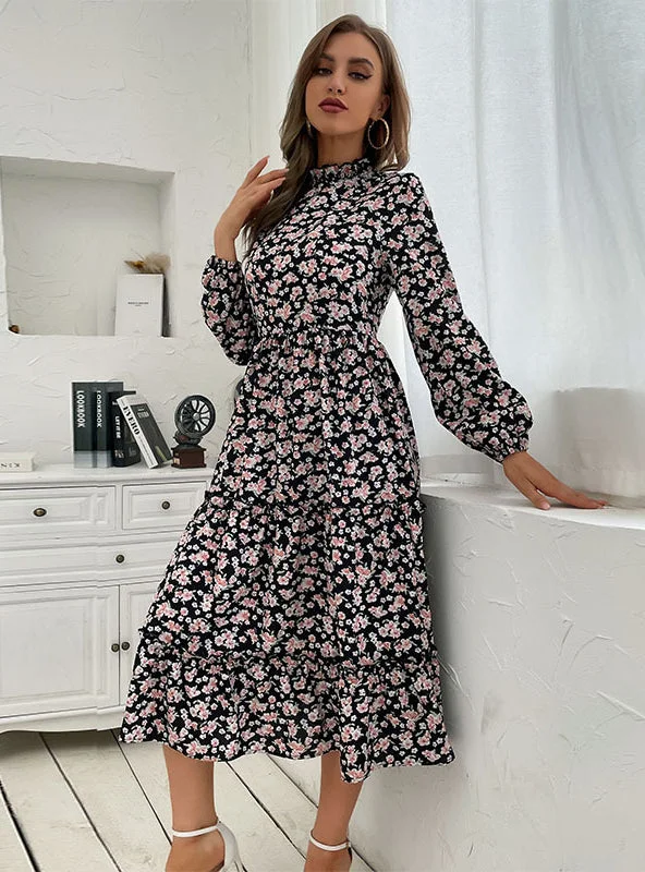 Printed Floral Ear Long Sleeve Dress Discounted floral dresses