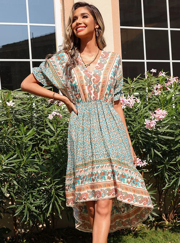 Printed Irregular V-neck Bohemian Dress Best floral dresses for outdoor weddings