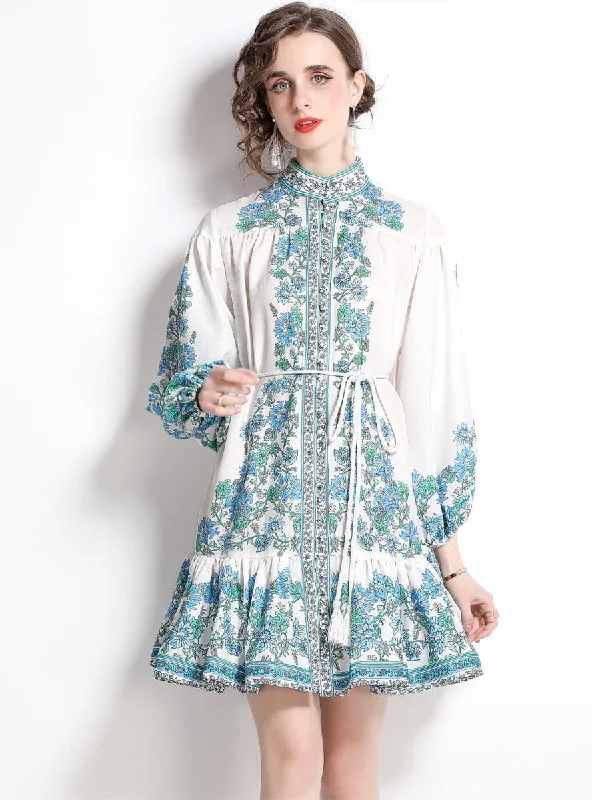 Printed Long Sleeve Waist Slim Dress Retro floral dresses