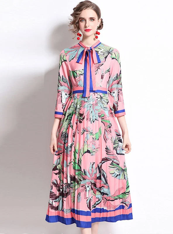 Printed Pleated Slim Medium and Long Dress Preppy floral dresses