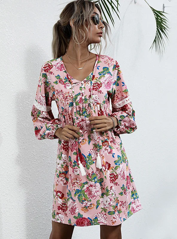 Pullover V-neck Printed Long Sleeve Dress Silk floral dresses