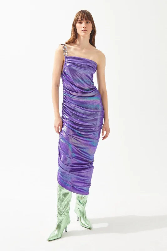 Purple Shiny Asymmetrical Cut Dress with Chain Strap for Single Shoulder Satin unclassified dresses Purple Shiny Asymmetrical Cut Dress with Chain Strap for Single Shoulder Satin unclassified dresses