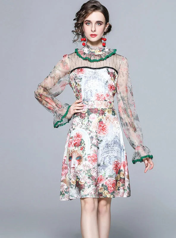 Retro Stand Collar Gauze Wooden Ear Floral Dress Cheap floral dresses