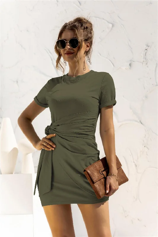 Round Neck Cuffed Sleeve Side Tie Dress Y2K unclassified dresses