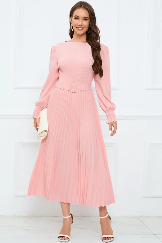 Round Neck Flounce Sleeve Pleated Dress Discounted unclassified dresses