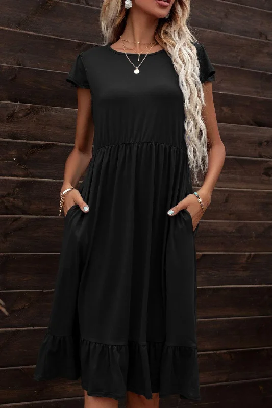 Round Neck Ruffle Hem Pocket Dress Fashionable unclassified dresses
