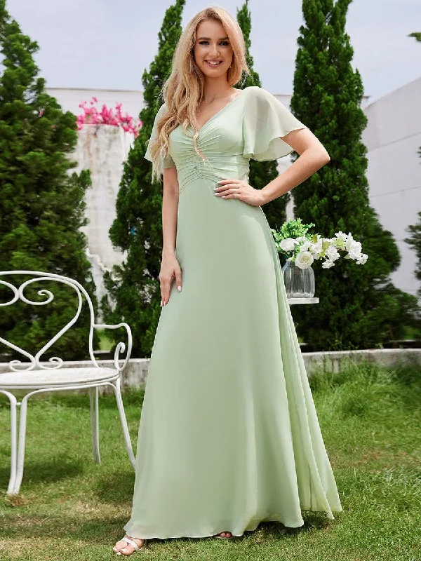 Ruffled Sleeves and V-Neck Pleated A-Line Chiffon Bridesmaid Dress Luxury unclassified dresses Ruffled Sleeves and V-Neck Pleated A-Line Chiffon Bridesmaid Dress Luxury unclassified dresses