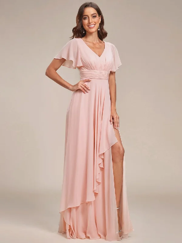 Ruffles Sleeve High Slit with Louts Leaf Chiffon Evening Dress Long unclassified dresses Ruffles Sleeve High Slit with Louts Leaf Chiffon Evening Dress Long unclassified dresses