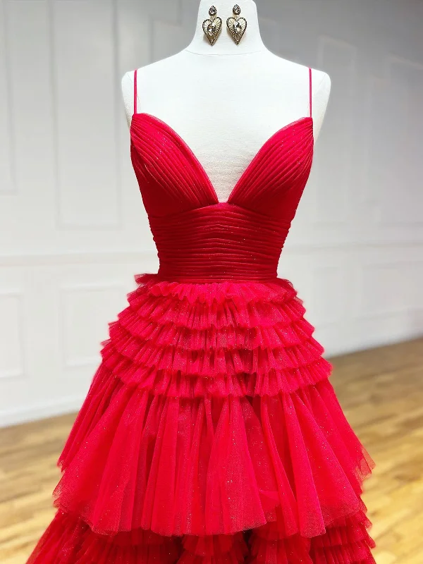 Shiny V Neck Red High Low Prom Dresses, V Neck High Low Red Formal Evening Dresses Beach unclassified dresses