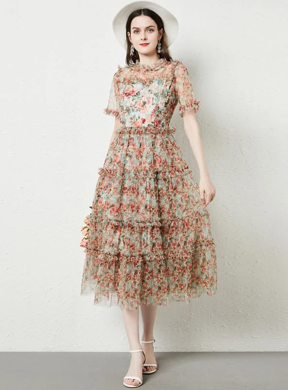 Short-sleeved Wooden Ear Gauze Print Dress Plus size floral dresses