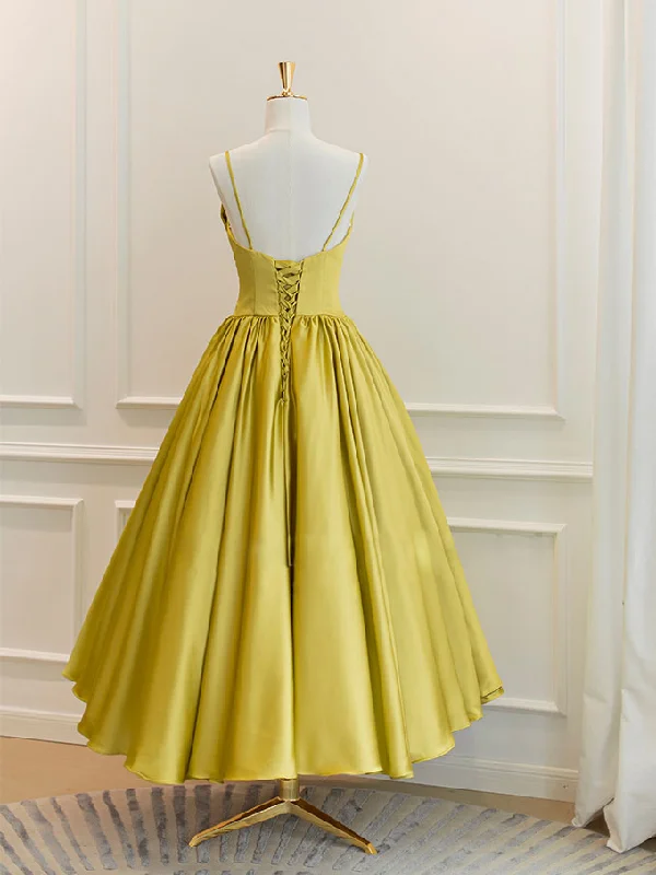 Simple Yellow Satin Tea Length Prom Dress, Yellow Homecoming Dress Vacation unclassified dresses Simple Yellow Satin Tea Length Prom Dress, Yellow Homecoming Dress Vacation unclassified dresses