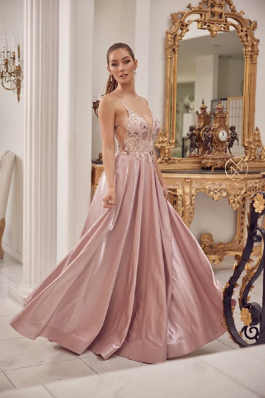 Sleeveless Iridescent A-Line Gown By Nox Anabel -E1004 Neutral tone unclassified dresses