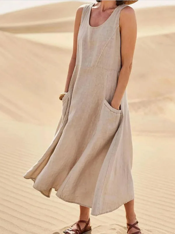 Blue Zone Planet | Solid Color Pocket Sleeveless Round Neck Cotton Linen Dress Minimalist unclassified dresses Blue Zone Planet | Solid Color Pocket Sleeveless Round Neck Cotton Linen Dress Minimalist unclassified dresses