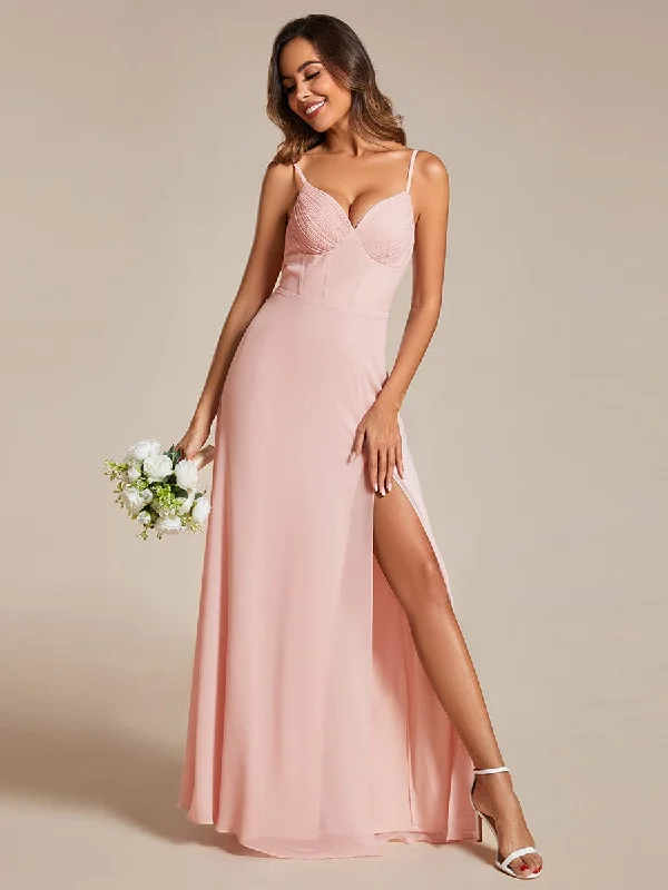 Spaghetti Strap V-Neck Chiffon Bridesmaid Dress with High Slit Denim unclassified dresses Spaghetti Strap V-Neck Chiffon Bridesmaid Dress with High Slit Denim unclassified dresses