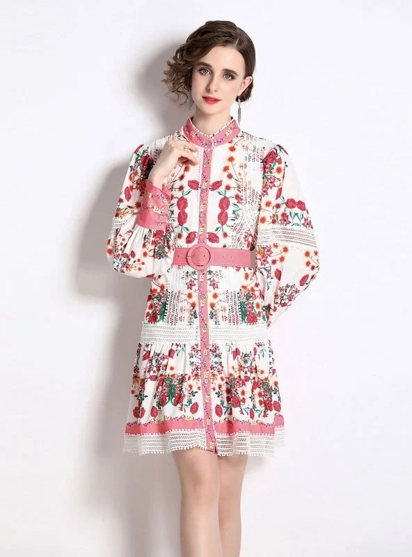 Stand-up Ppenwork Long Sleeve Print Dress Vacation floral dresses