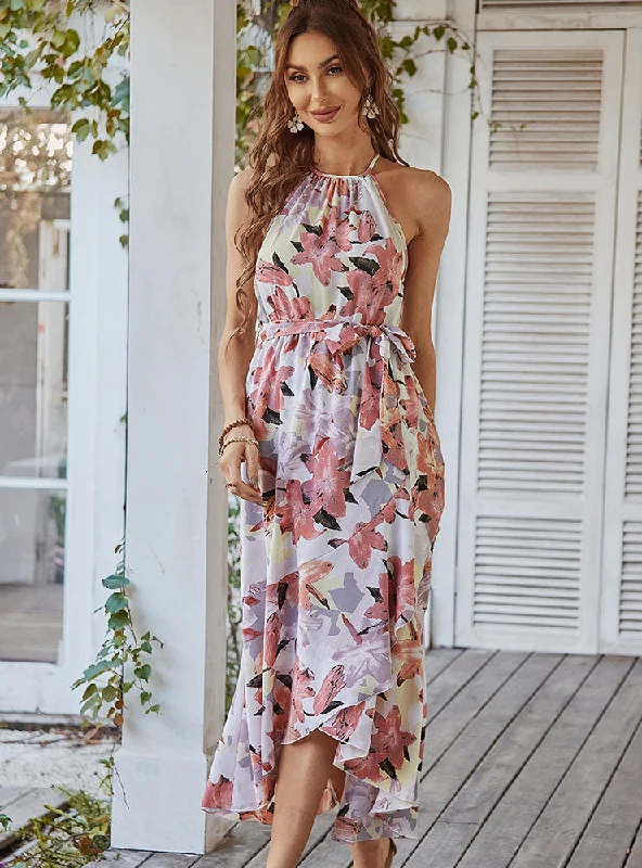 Straps Print Chiffon Halter Dress Tiered floral dresses