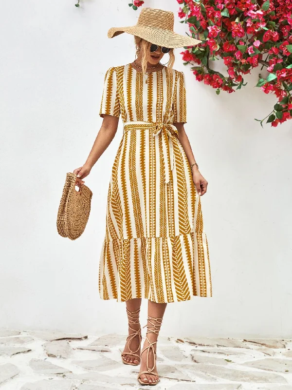 Striped Tie Belt Round Neck Puff Sleeve Dress Dark color unclassified dresses