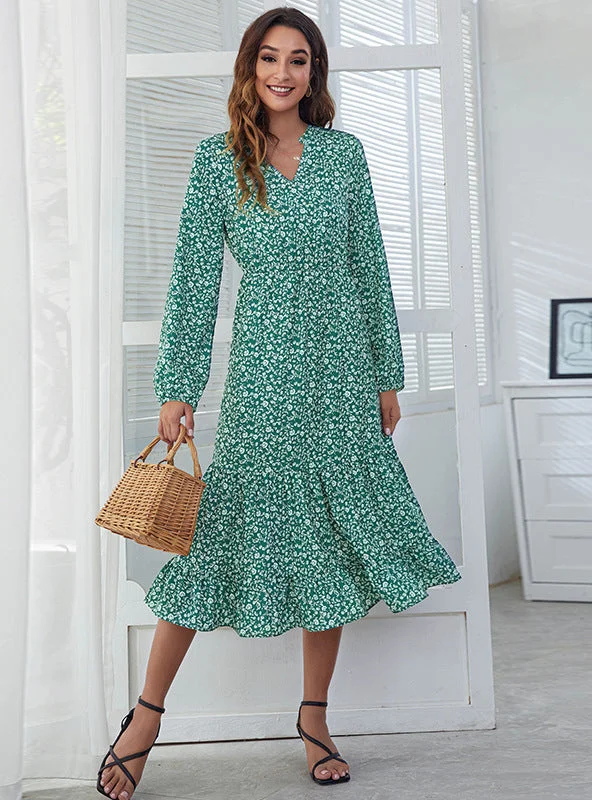 V-neck High Waist Casual Printed Flounce Dress Discounted floral dresses