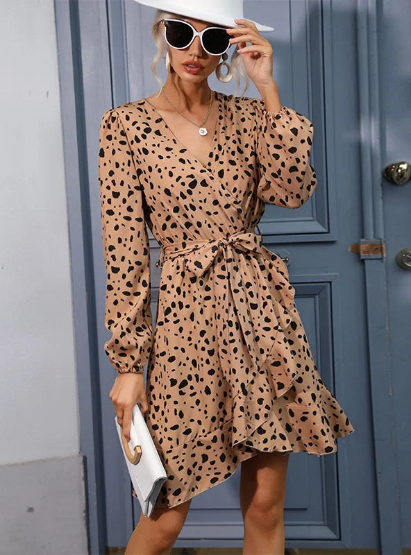 V-neck Leopard Print Ruffled Dress Flowy floral dresses