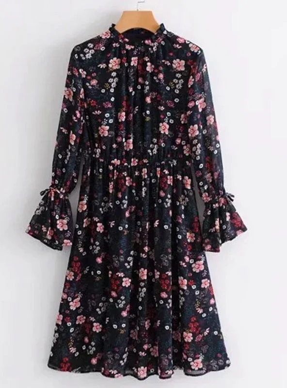 Women Vintage Floral Printed Chiffon Dress Discounted floral dresses