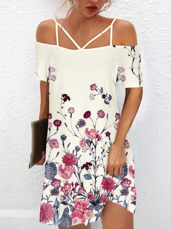 Women's Dresses Off Shoulder Adjustable Straps Print Dress Knitted floral dresses