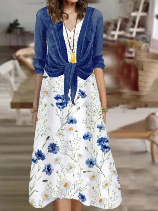 Women's Dresses Printed Belted Mid Sleeve 2 Piece Dress Garden party floral dresses