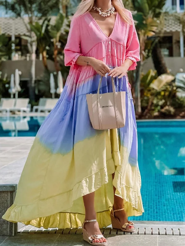 Women's Dresses Rainbow Print V-Neck Ruffle Dress Cocktail floral dresses