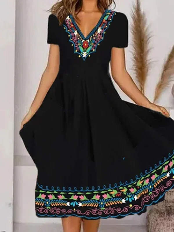 Women's Dresses V-Neck Printed Short Sleeve Dress A-line floral dresses