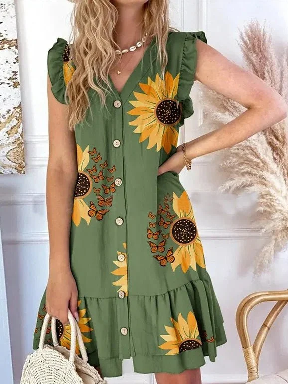Women's Dresses V-Neck Sunflower Print Button Ruffle Sleeve Dress Romantic floral dresses Women's Dresses V-Neck Sunflower Print Button Ruffle Sleeve Dress Romantic floral dresses